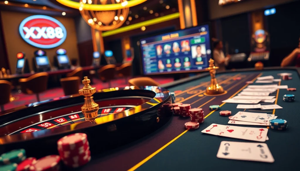 Experience the thrill of online gambling with XX88 at a vibrant casino table.