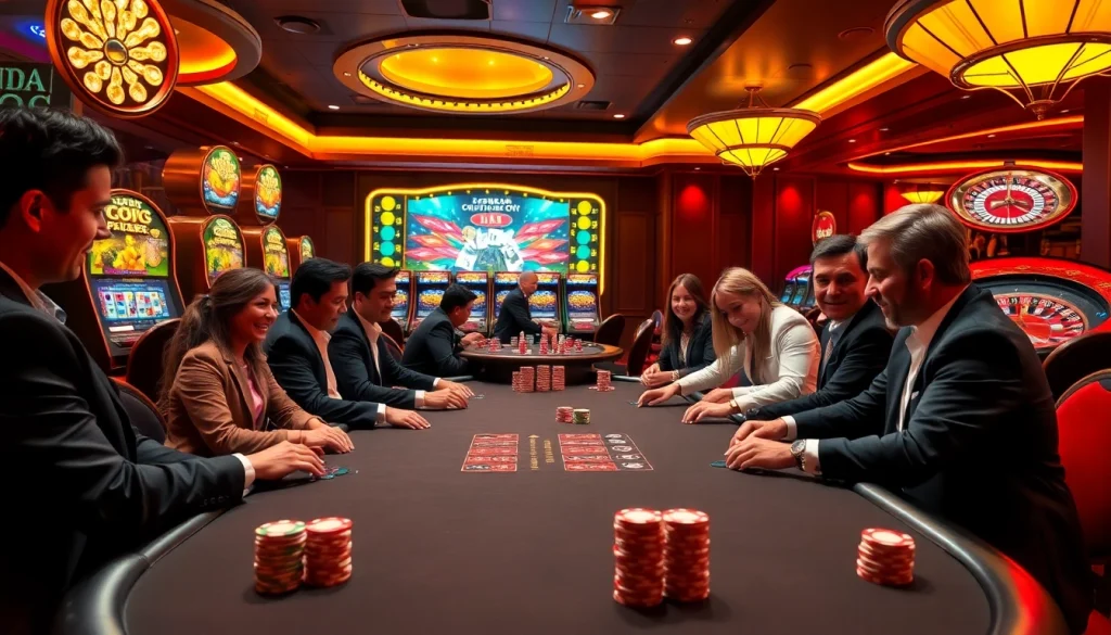 KJC casino scene showcasing players engaged in poker and vibrant slot machines.