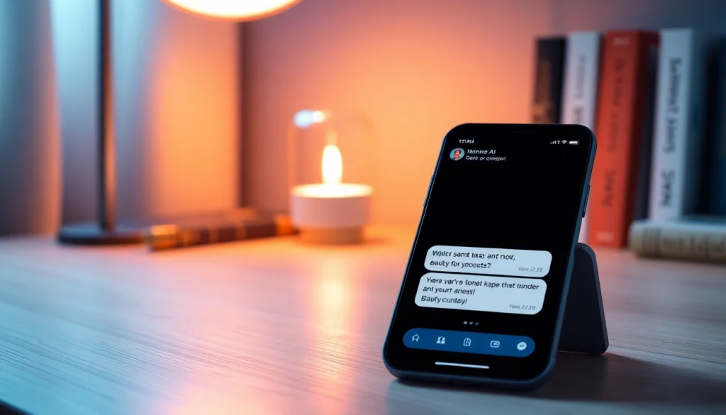 Engaging chat interface showcasing free sex AI conversation on a smartphone, with a cozy desk setting.