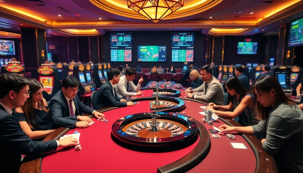 Players enjoying thrilling games at https://m88zo.com/ with poker chips and roulette wheels.