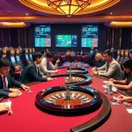 Players enjoying thrilling games at https://m88zo.com/ with poker chips and roulette wheels.