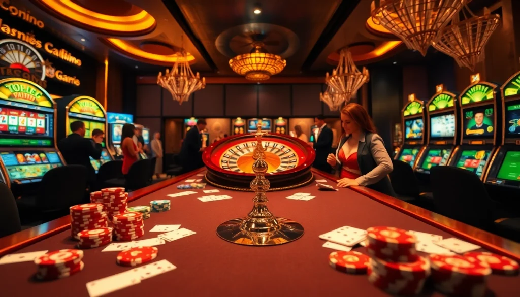 Experience high-stakes gaming at Okfun's luxurious casino with vibrant gaming tables and engaging players.