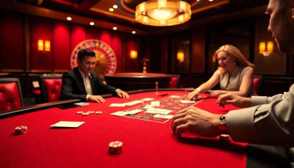 Exciting casino scene showcasing players at the 622BET gaming table with roulette wheel, cards, and chips.
