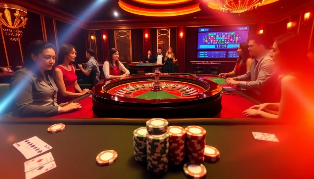 Players at the colorful roulette table experiencing the excitement of gambling at https://new88bet.us/ with vibrant casino elements.
