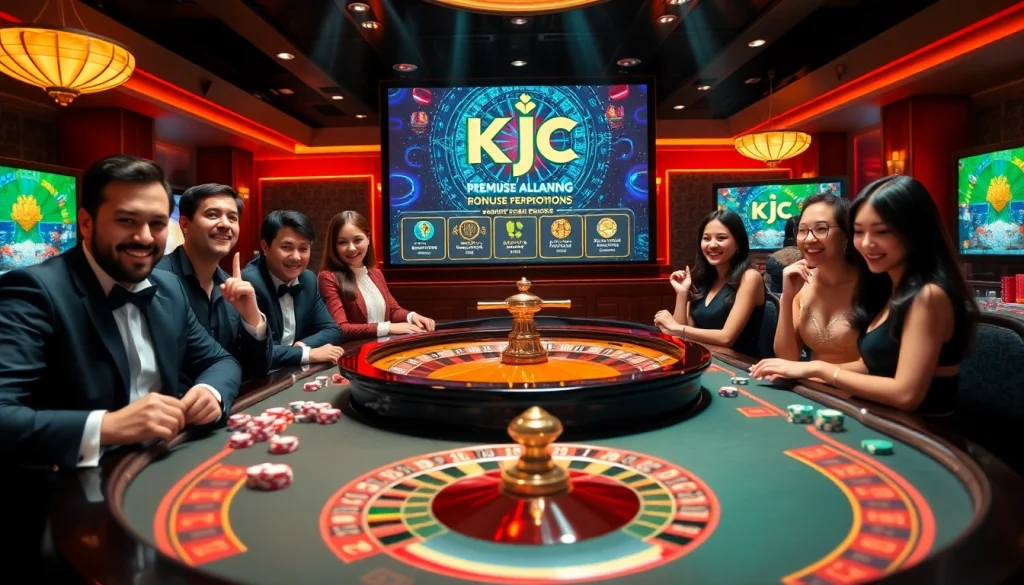 KJC players celebrating a big win at a luxurious casino table filled with poker chips.