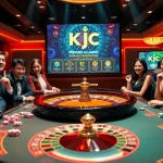 KJC players celebrating a big win at a luxurious casino table filled with poker chips.