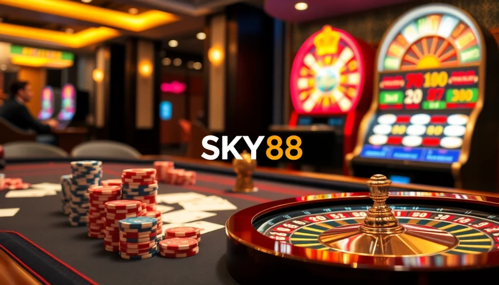 Players engaging in thrilling games at https://sky88.sa.com/ casino, showcasing poker chips and roulette excitement.