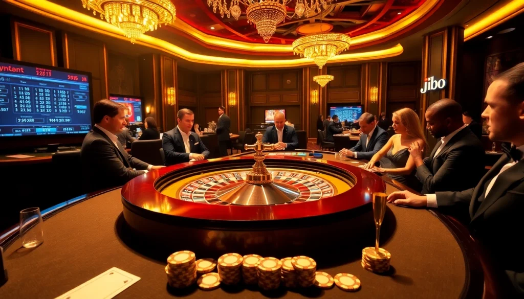Engaging casino scene with roulette and poker elements, capturing the thrilling jbo experience.