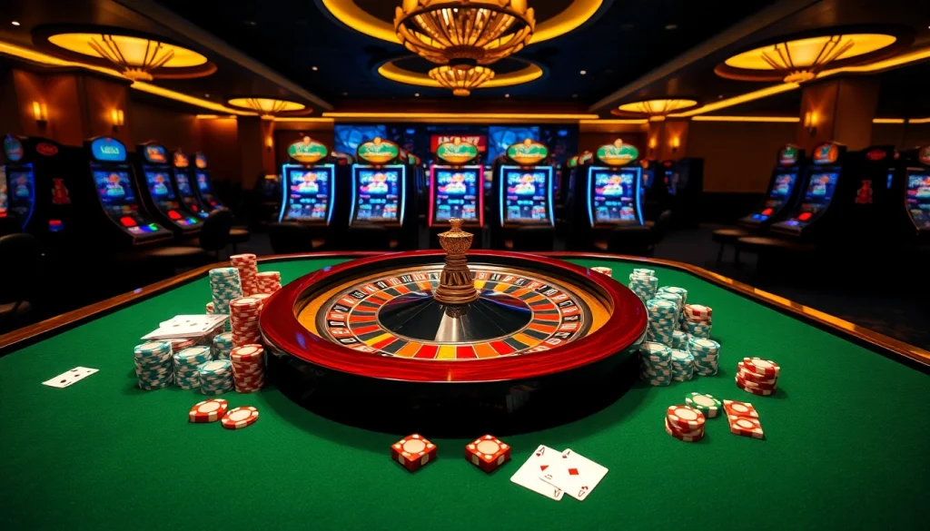 Experience high-stakes excitement at roo99.net with a vibrant casino table showcasing poker chips and cards.
