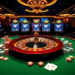 Experience high-stakes excitement at roo99.net with a vibrant casino table showcasing poker chips and cards.