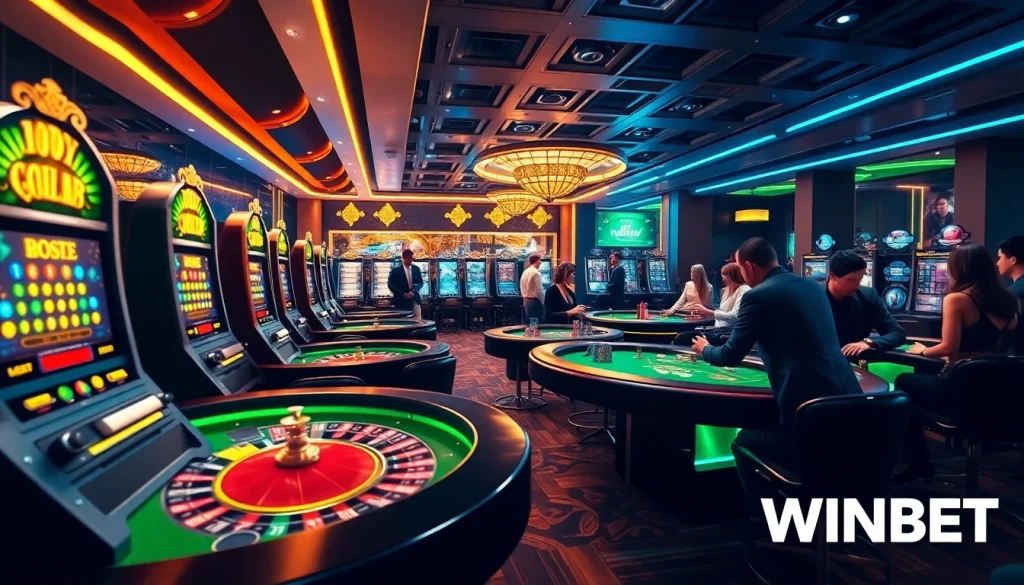 Experience thrilling gameplay at WINBET with vibrant casino tables, dazzling slot machines, and excited players.