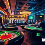 Experience thrilling gameplay at WINBET with vibrant casino tables, dazzling slot machines, and excited players.