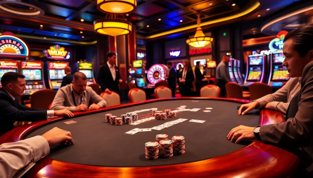 Intense players engaging at the XX 88 poker table surrounded by vibrant casino elements.