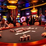 Intense players engaging at the XX 88 poker table surrounded by vibrant casino elements.