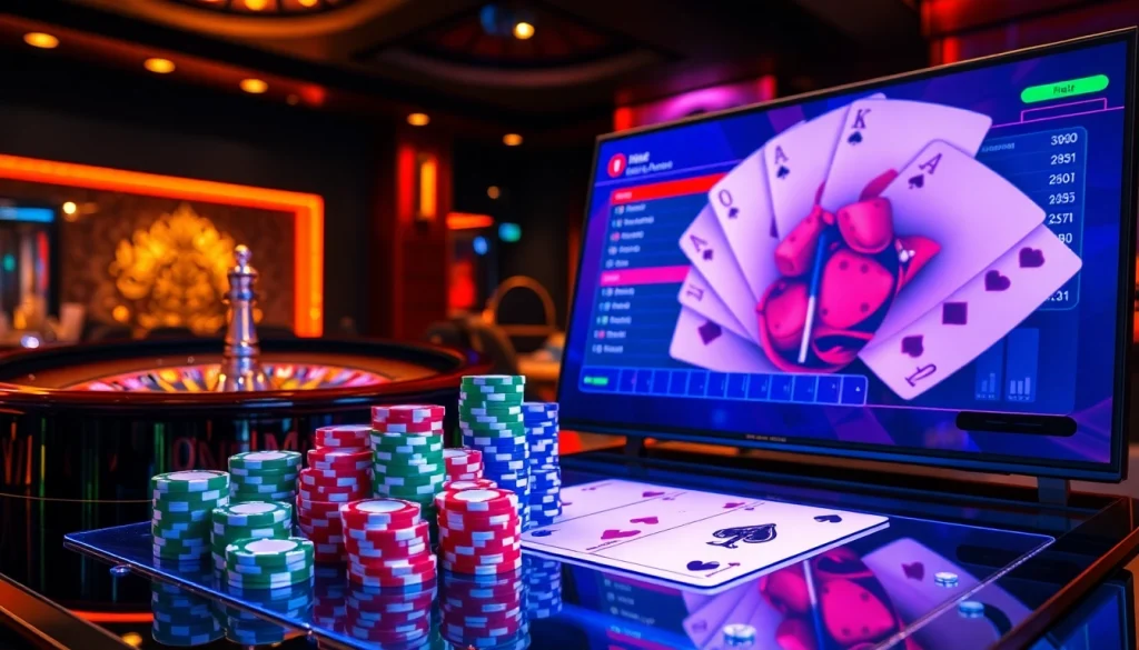 Engage with the elegant gaming scene at ink vao 12bet, showcasing a modern online casino interface with vibrant roulette and poker elements.