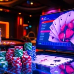 Engage with the elegant gaming scene at ink vao 12bet, showcasing a modern online casino interface with vibrant roulette and poker elements.