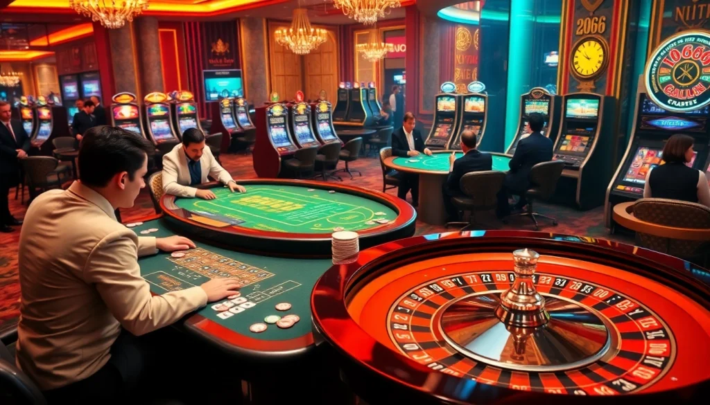 Players enjoying a thrilling game at DO666's luxurious casino, with vibrant tables and bright slot machines.