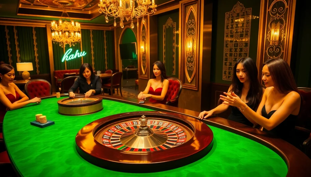 Excited gamblers enjoy high-stakes games at a luxurious casino with nohu-themed decor.