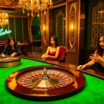 Excited gamblers enjoy high-stakes games at a luxurious casino with nohu-themed decor.