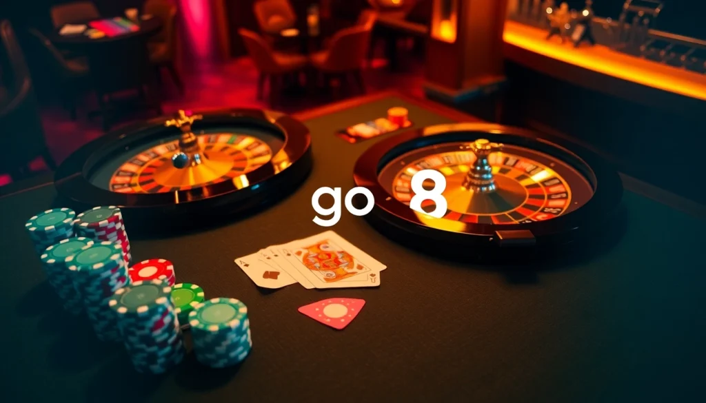 Experience exhilarating gaming excitement at go8 casino tables filled with vibrant poker chips.