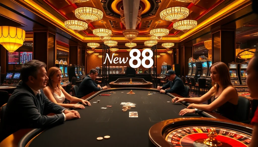 Intense gameplay at New 88 casino with roulette wheels and poker tables illuminated in luxury.