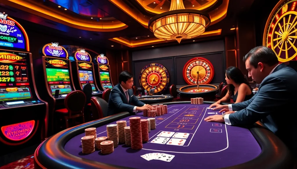 Players enjoying an exciting game at MM88 casino with vibrant slot machines and poker tables.