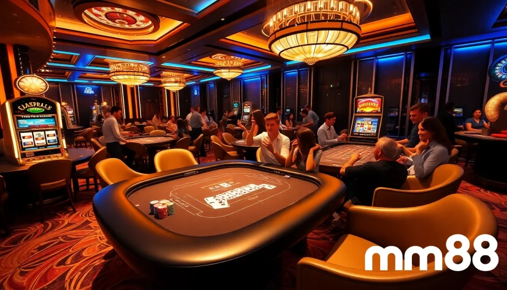 Experience the excitement of mm88 with players celebrating wins at a vibrant casino table.