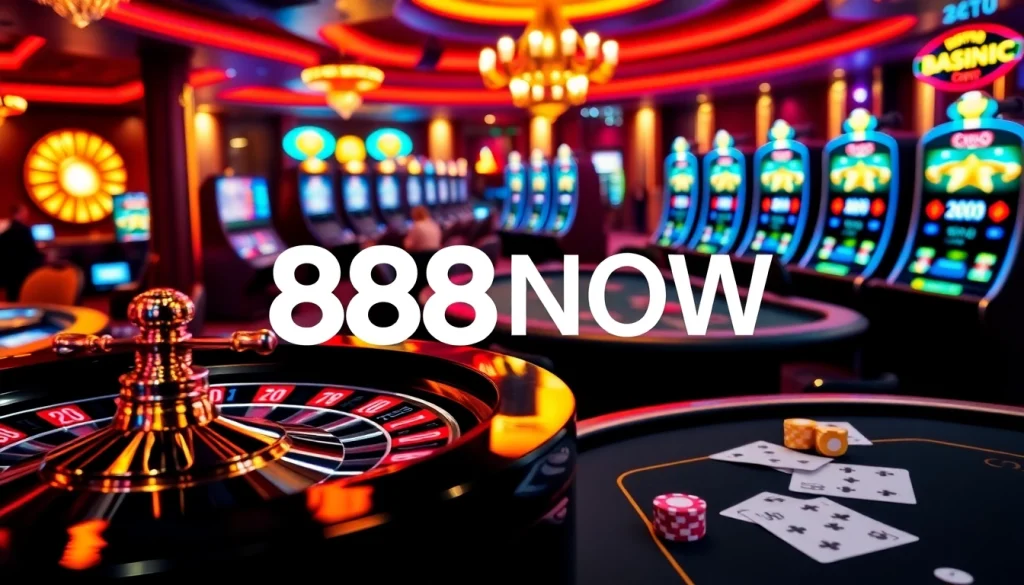Exciting gambling scene at 888NOW showcasing roulette, poker, and slot machines.
