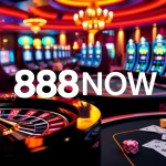 Exciting gambling scene at 888NOW showcasing roulette, poker, and slot machines.