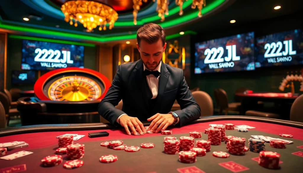 Experience the thrill of 22JL as players engage in poker at a luxurious casino table, showcasing excitement and strategy.