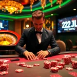 Experience the thrill of 22JL as players engage in poker at a luxurious casino table, showcasing excitement and strategy.