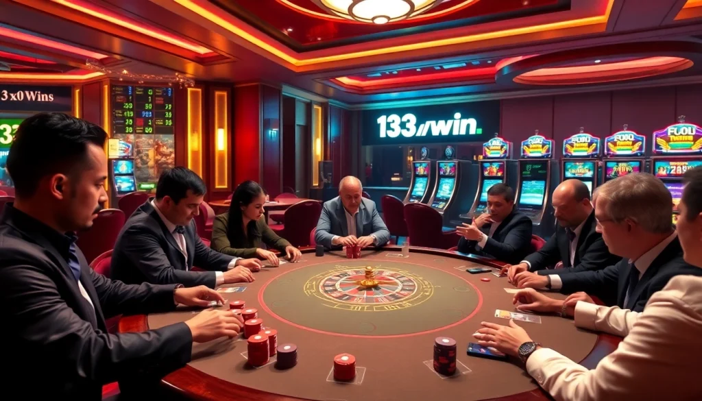 Engaged players enjoy high-stakes poker at a luxurious casino table at 13win.