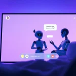 Engaging virtual chat room scene illustrating sex chat ai interactions between animated AI characters in a friendly atmosphere.