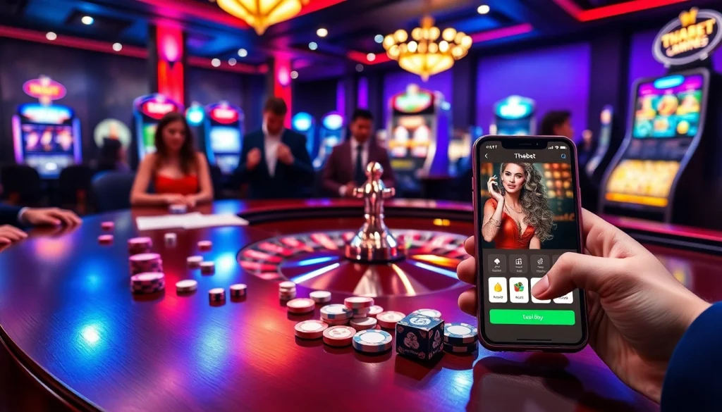 Experience intense betting action in THABET's luxurious casino setting with roulette, poker, and online gaming.