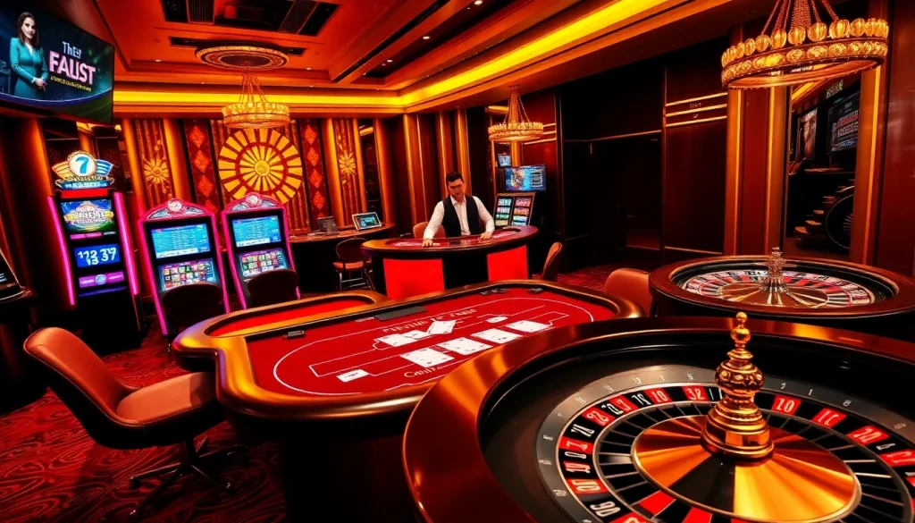 Exciting gaming scene at https://mm88.blog/ featuring a poker table and vibrant slot machines.