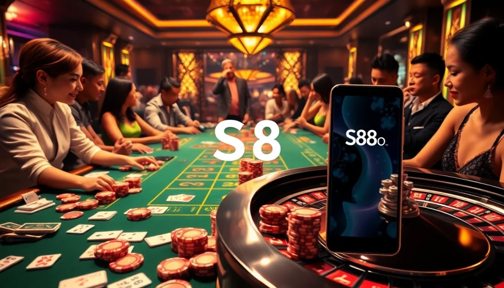 S8 casino scene with poker chips, cards, and a roulette wheel creating excitement in a luxurious environment.