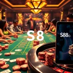 S8 casino scene with poker chips, cards, and a roulette wheel creating excitement in a luxurious environment.