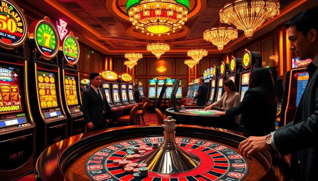 Exciting gameplay at a 슬롯사이트 featuring vibrant slot machines and a roulette table full of chips.