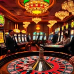 Exciting gameplay at a 슬롯사이트 featuring vibrant slot machines and a roulette table full of chips.