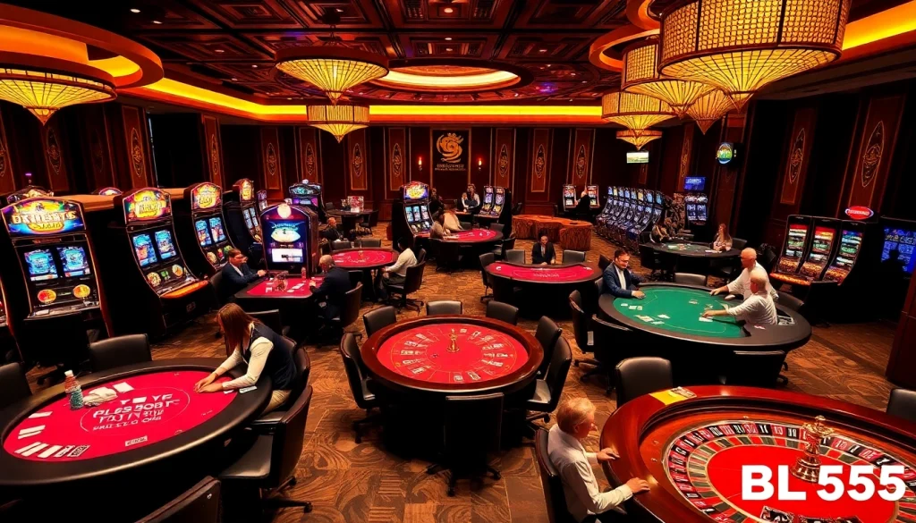 Players enjoying thrilling games at the BL555 casino tables, showcasing excitement and luxury.