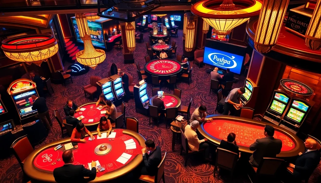 Engaging scene of the Pushpa Club casino with players at poker tables and slot machines.