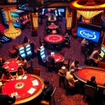 Engaging scene of the Pushpa Club casino with players at poker tables and slot machines.