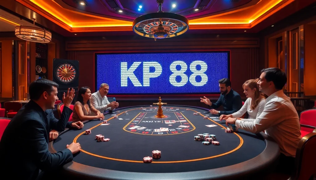 Engaged gamblers at a KP 88 poker table, enjoying thrilling gameplay with vibrant chips and cards.