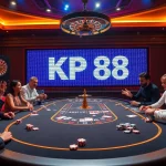 Engaged gamblers at a KP 88 poker table, enjoying thrilling gameplay with vibrant chips and cards.