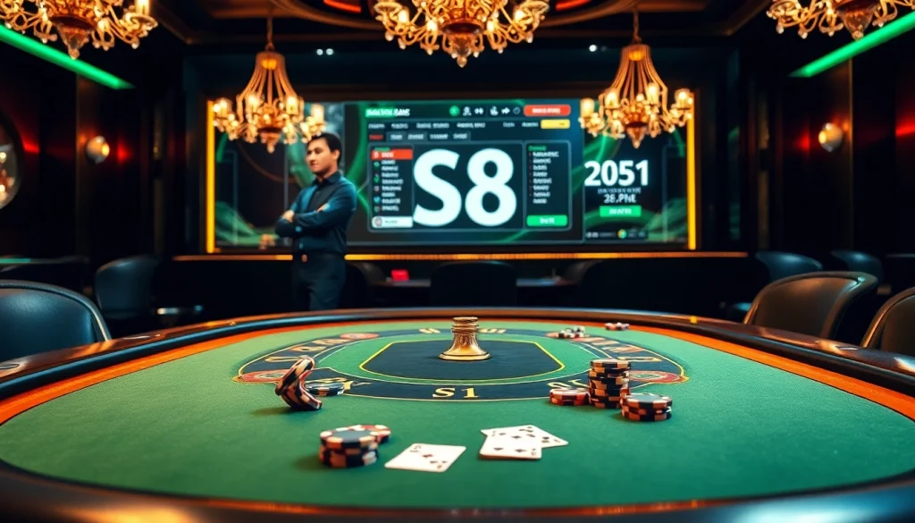 S8 casino vibrant atmosphere showcasing poker action and online gambling interface.