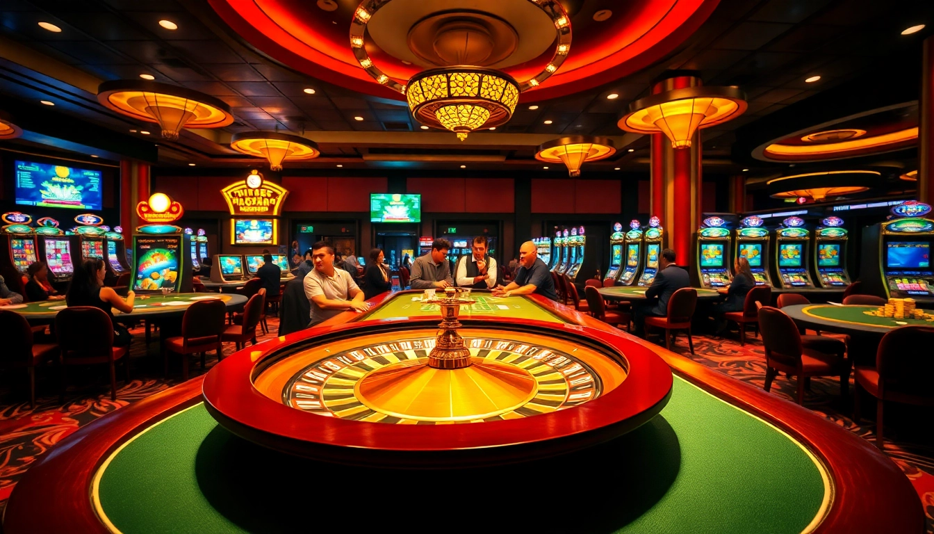 Dynamic casino scene with gamblers enjoying games at https://hz88.forum/, showcasing poker, roulette, and slot machines.