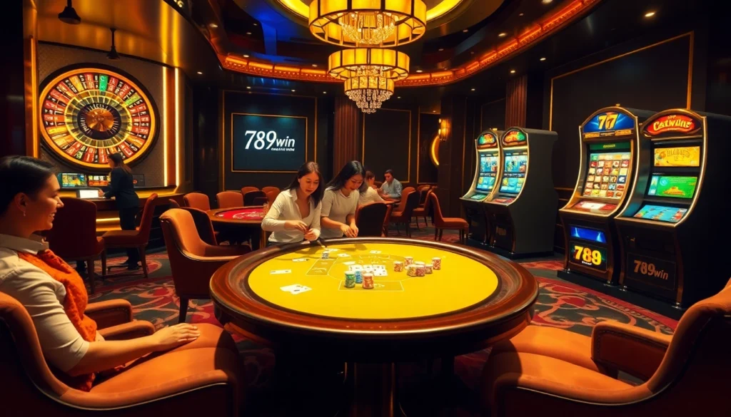 Experience the thrill of gambling at 789win with players enjoying poker and vibrant slot machines.