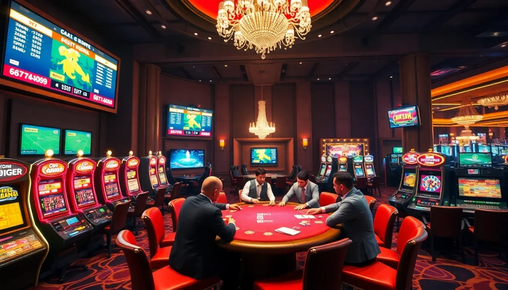 Experience thrilling gambling at C168's vibrant casino environment with poker games and slot machines.