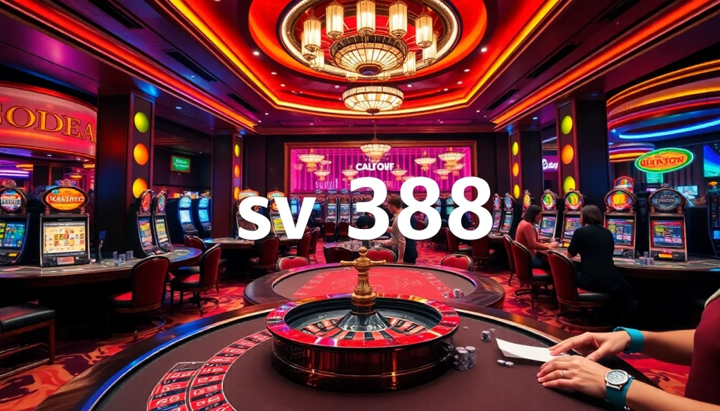 Engaging gaming scene at a luxury casino with sv 388 elements, showcasing poker tables and roulette wheels.