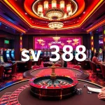Engaging gaming scene at a luxury casino with sv 388 elements, showcasing poker tables and roulette wheels.